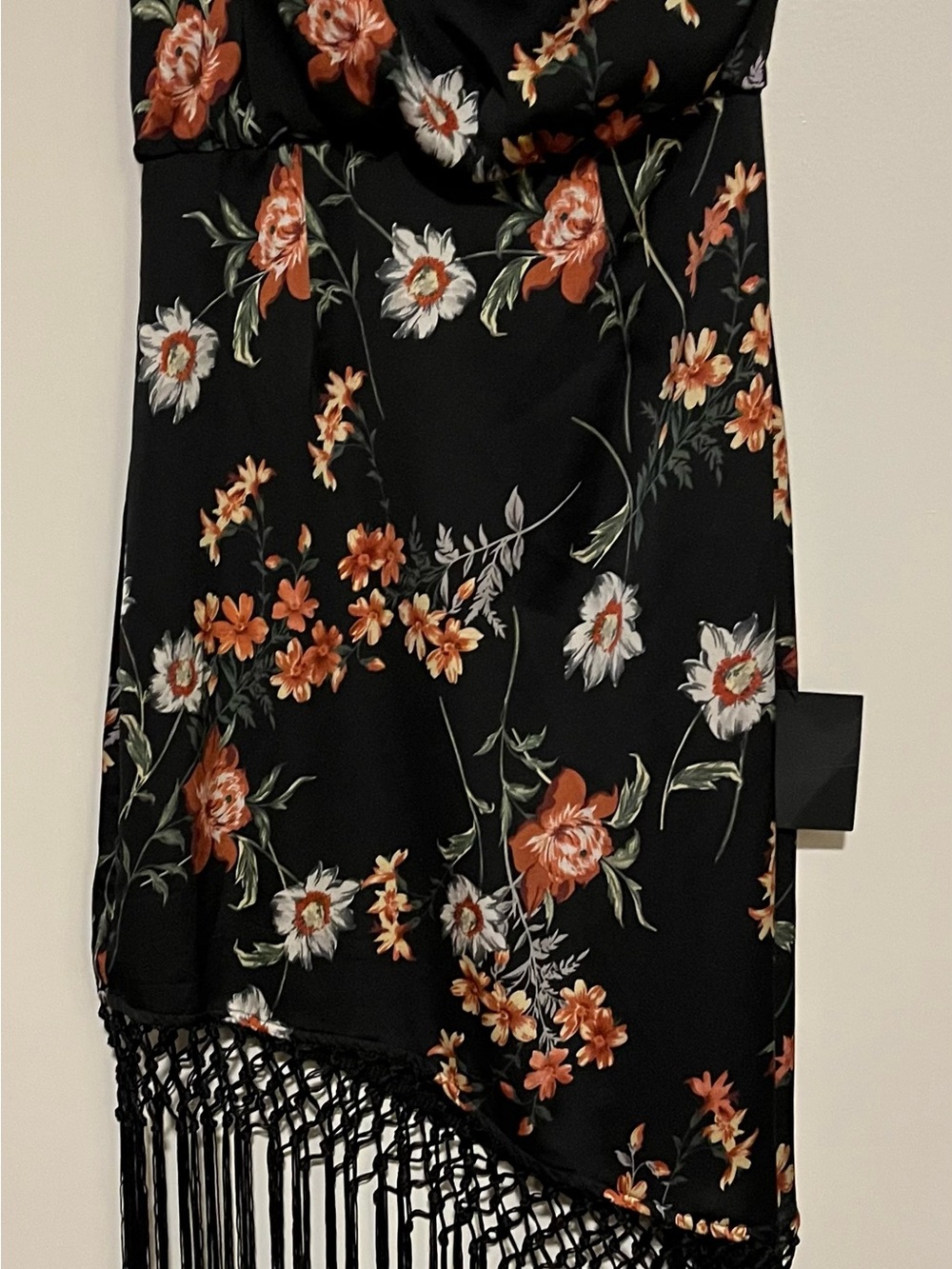 Black Floral One Shoulder Fringe Maxi Skirt